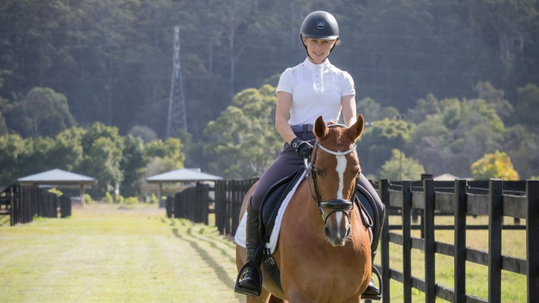Dressage rider demonstrating an independent seat in sitting trot without stirrups