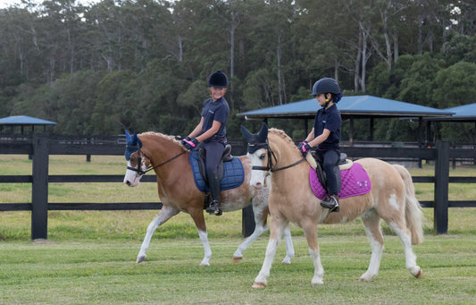 Beginner child riders walking on their ponies